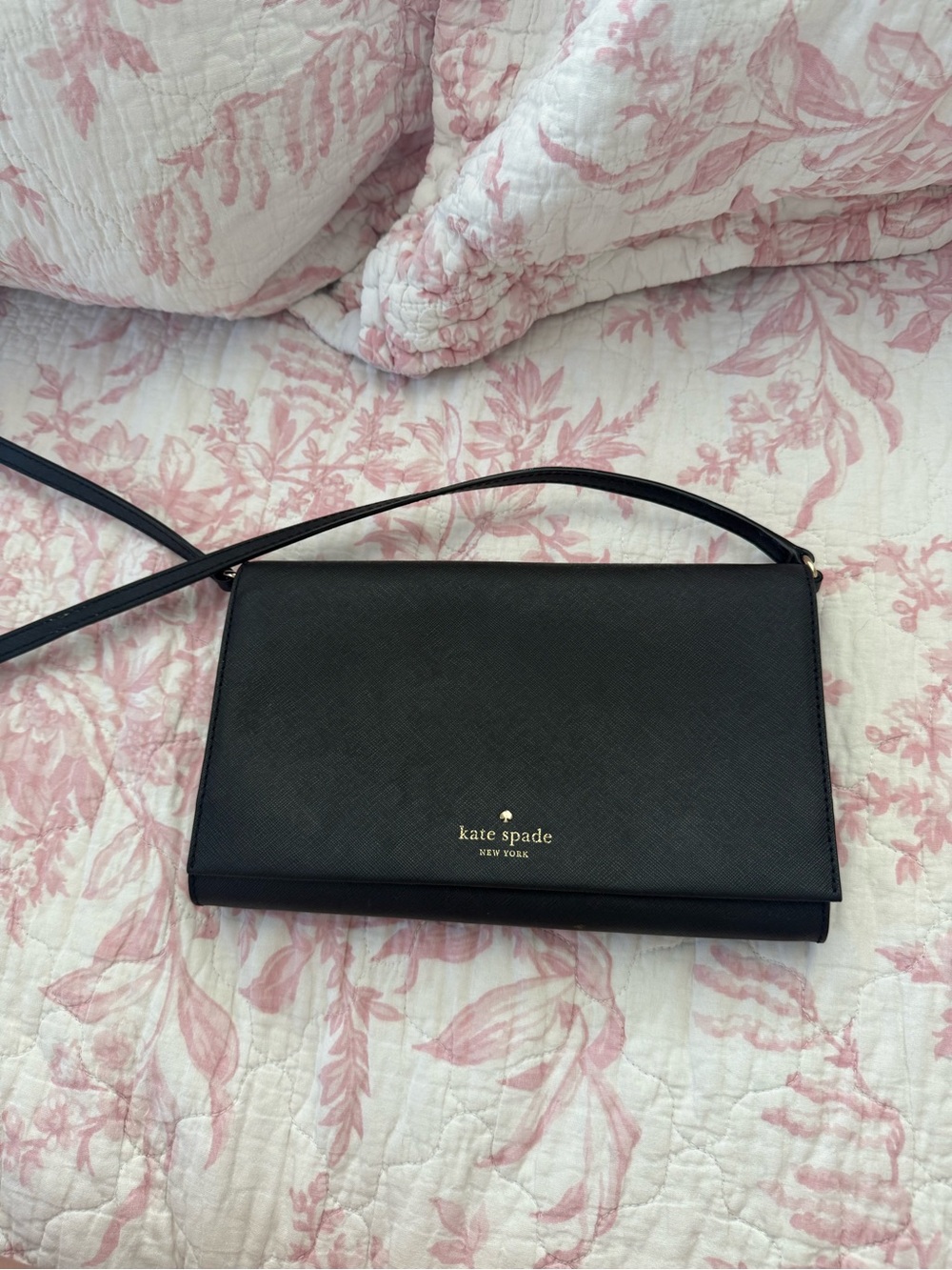 kate spade black Saffiano leather crossbody wallet